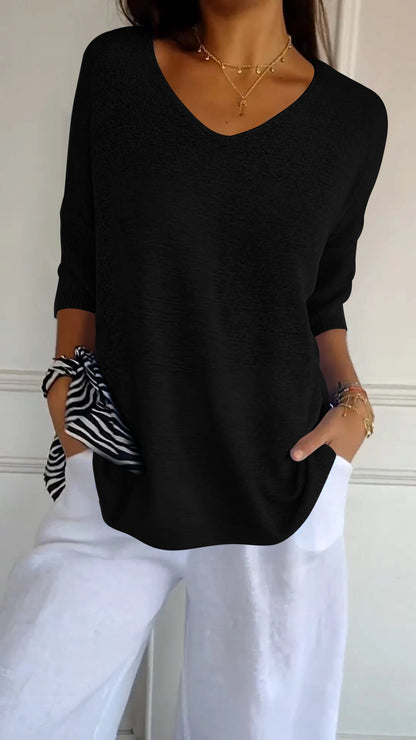 "AuraLuxe V-Neck Knit Top"